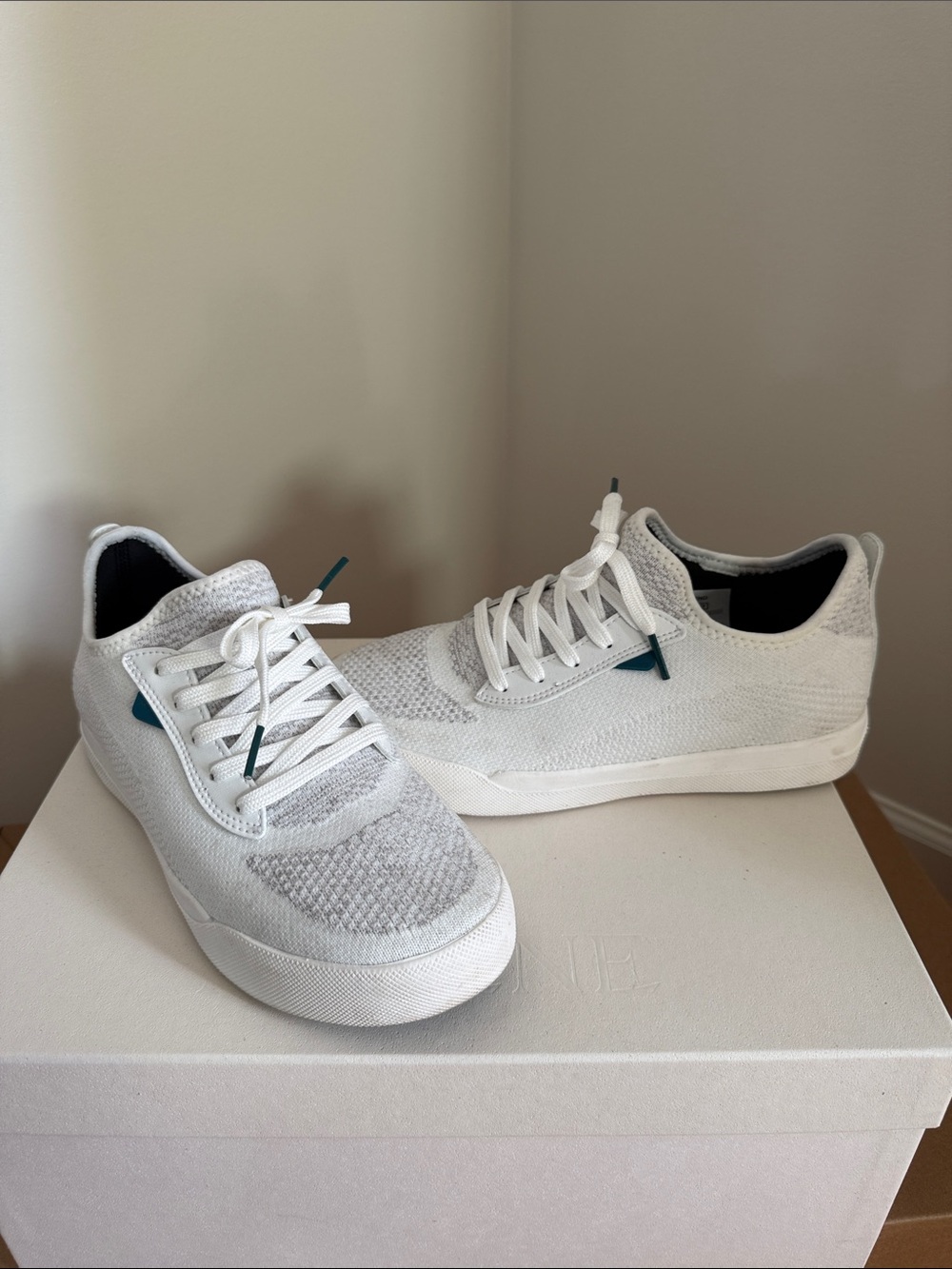 Vessi White Knit Low-Top Sneakers with Teal Accents